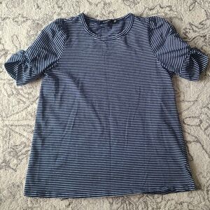 Doe And Rae Puff Sleeve Twist Tie Navy Striped Top Modest